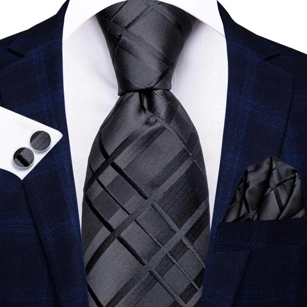 2022 New Fashion Brand Plaid Classic Black Ties for Men Wedding Party Necktie Set Handkerchief Cufflinks Gift Whole